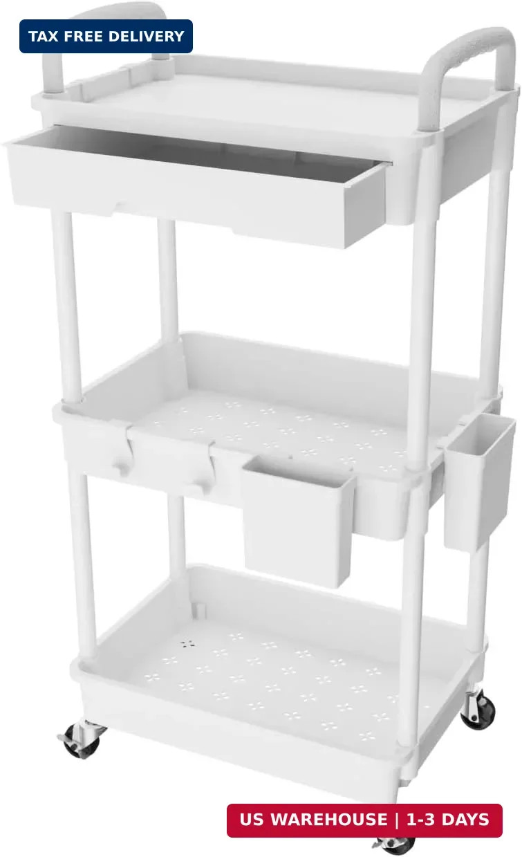 3 Tier Rolling Utility Cart with Drawer, Utility Cart Made of Multifunctional St gallery