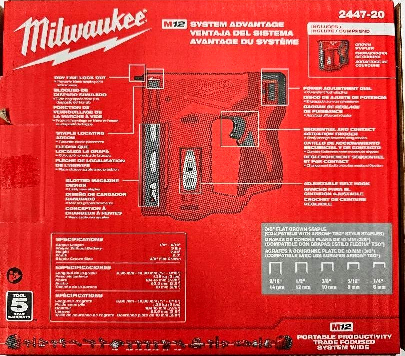 NEW Milwaukee 2447-20 M12 Cordless Compact 3/8" Crown Stapler, 1) 5.0 AH Battery gallery