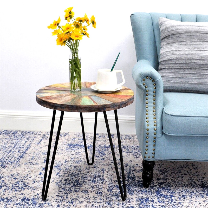 Greenage Solid Reclaimed Wood Side End Table Nightstand Round Sun Flower 20" H gallery
