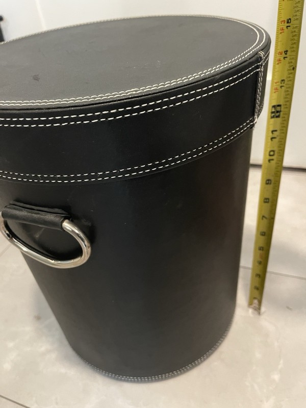 Vintage Black Round Leather Storage Bin 15” X 11 1/2” Velvet Lined Hard Shell gallery