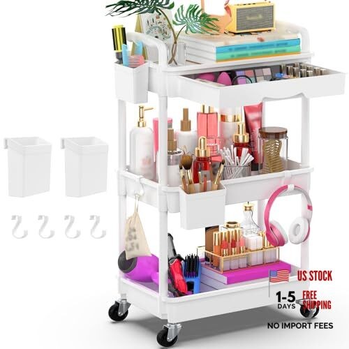 Rolling Utility Cart Organizer with Removable Drawer, Stable and 3 Tier White gallery