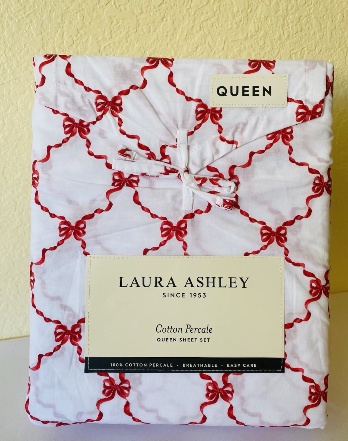 Laura Ashley Queen Sheet Set BOW RIBBON 100% Cotton Percale Red White NEW gallery