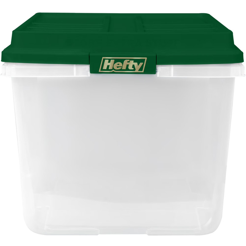 Hefty 72 Qt Clear Plastic Storage Bin, Green Hi-Rise Lid, Stackable Tote, 6 Pack gallery