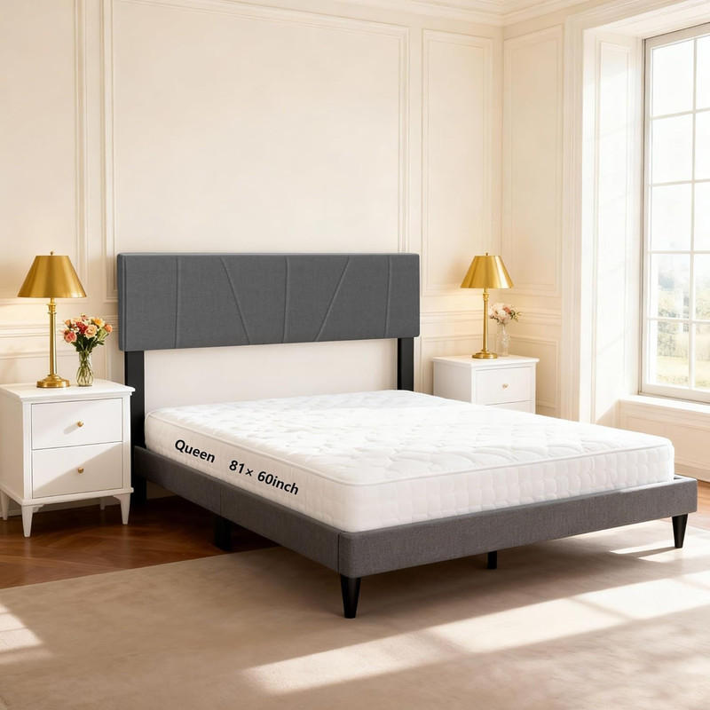 Queen Size Bed Frame w/ Upholstered Adjust Tall Headboard Wooden Slats Support gallery