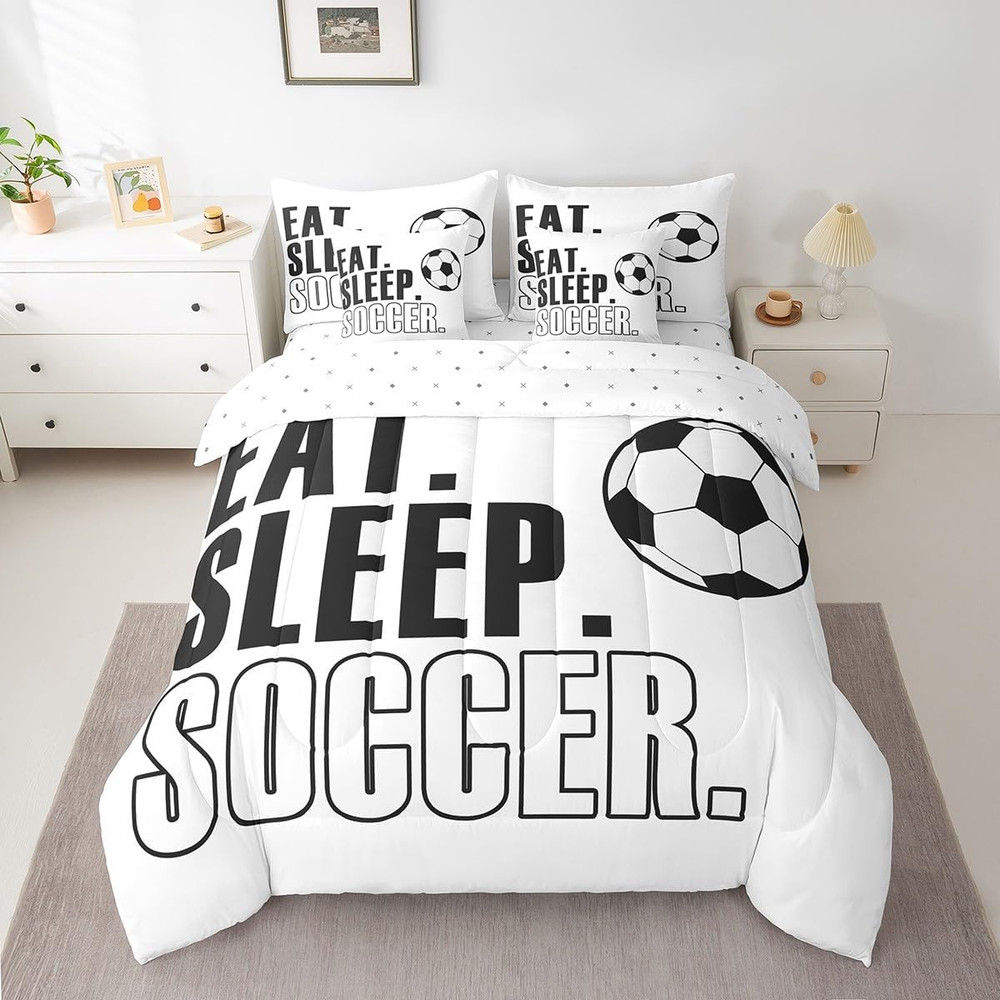 Soccer Ball Comforter Set with Sheets Queen Size White Football 7 Pieces Bedding