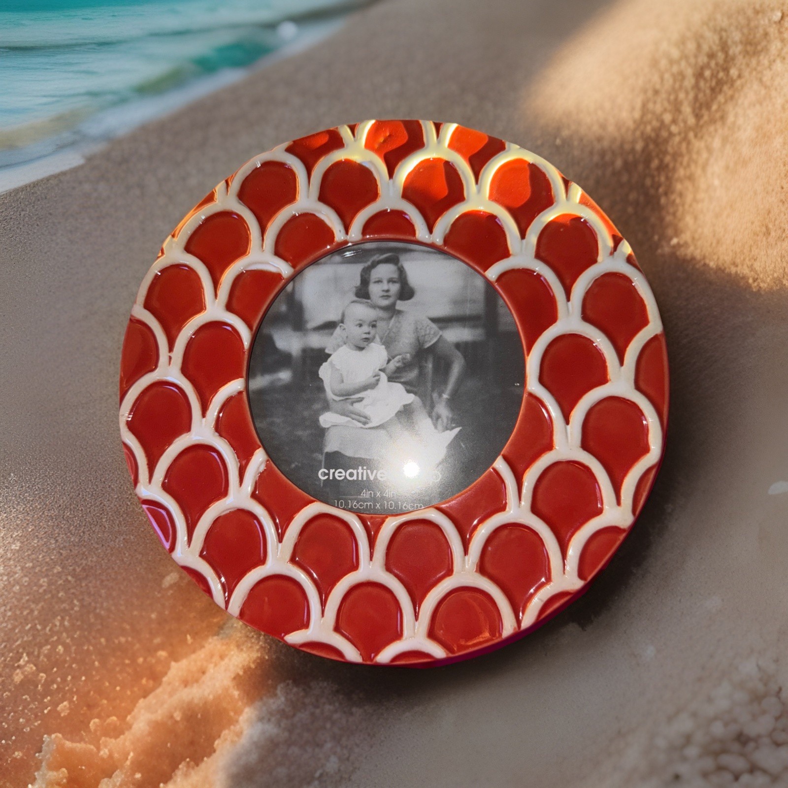 Creative Co-Op 4” X 4” Round Ceramic Orange/White Boho Picture Frame! gallery