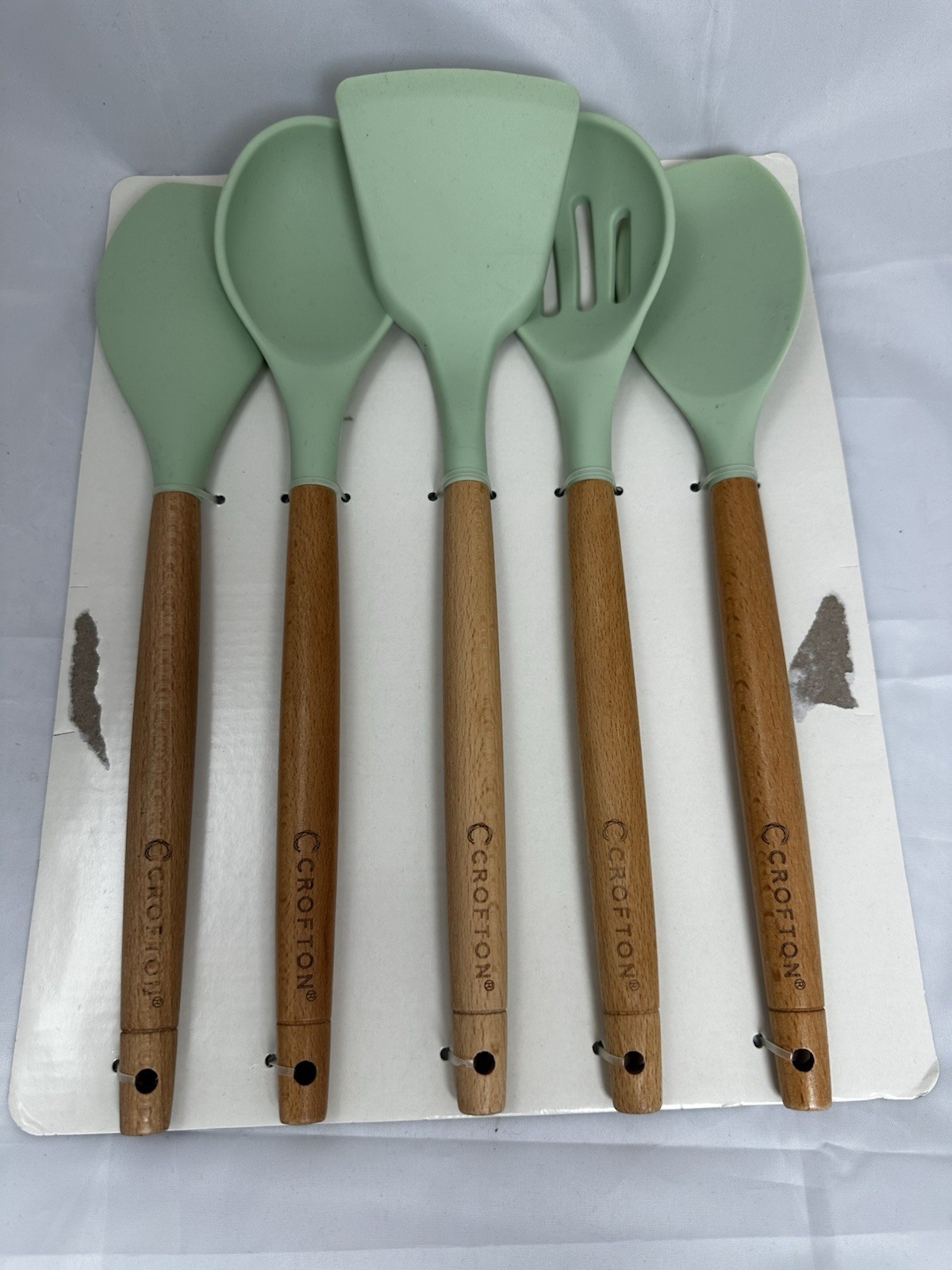 Crofton Wood & Silicone Utensil Set 5-Piece Green Spoon, Turner, Spatula gallery