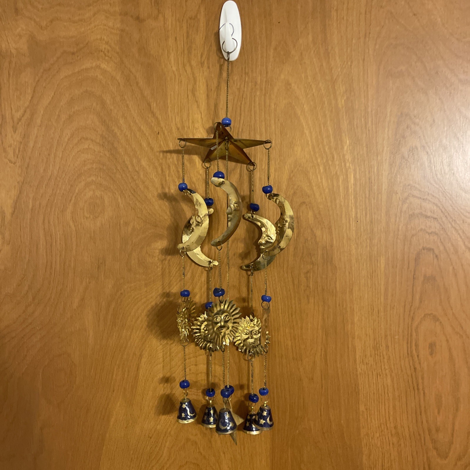 SUN MOON & STARS MOBILE CHIME WIND CATCHER CLOISONNÉ BRASS, INDIA gallery