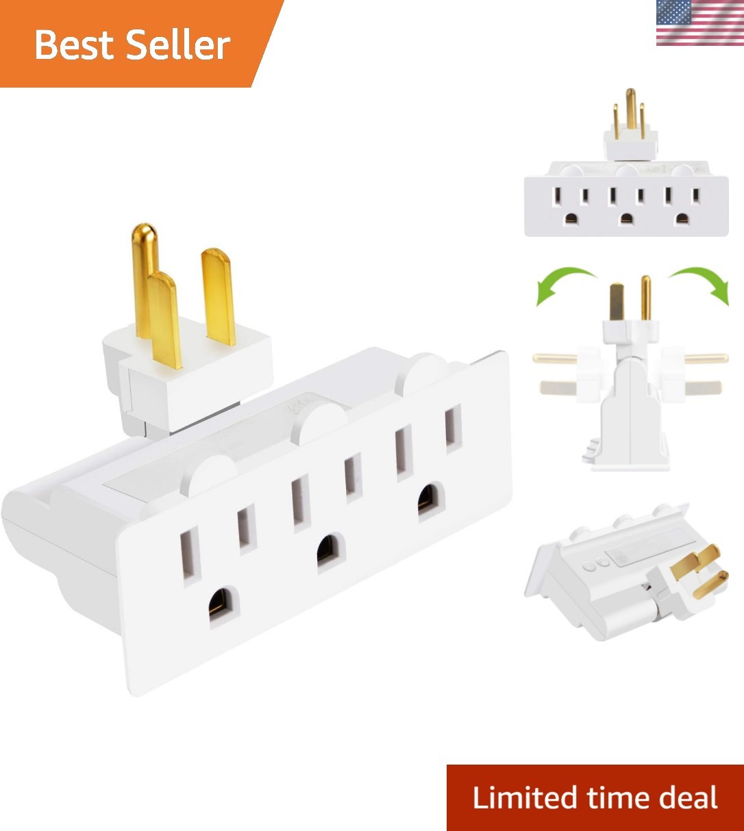 3 Outlet Wall Adapter, Listed 3-Prong Grounded 180 Degree Swivel Indoor AC M... gallery
