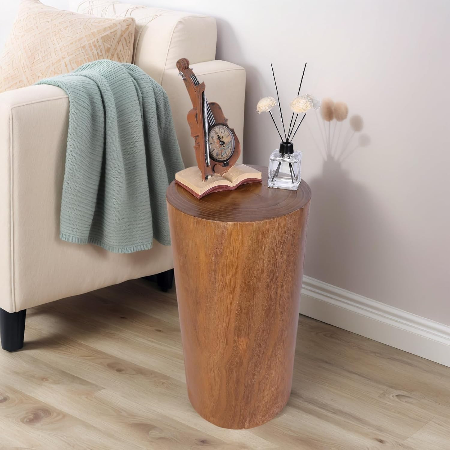Wooden Tree Stump End Table, 23.25" Paulownia Wood Hand Carved Rustic Wood Side gallery
