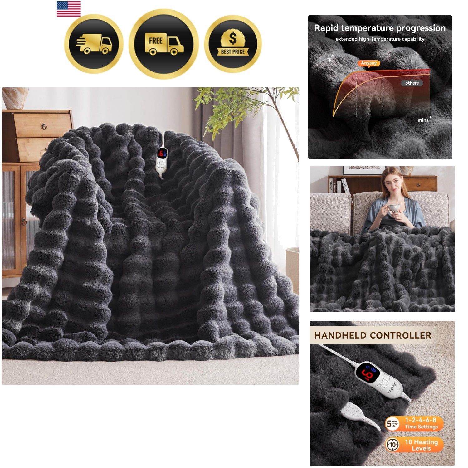 Heated Blanket Throw with 1/2/4/6/8 Hours Auto-Off 10 Heat Level, 50'' * 60''... gallery