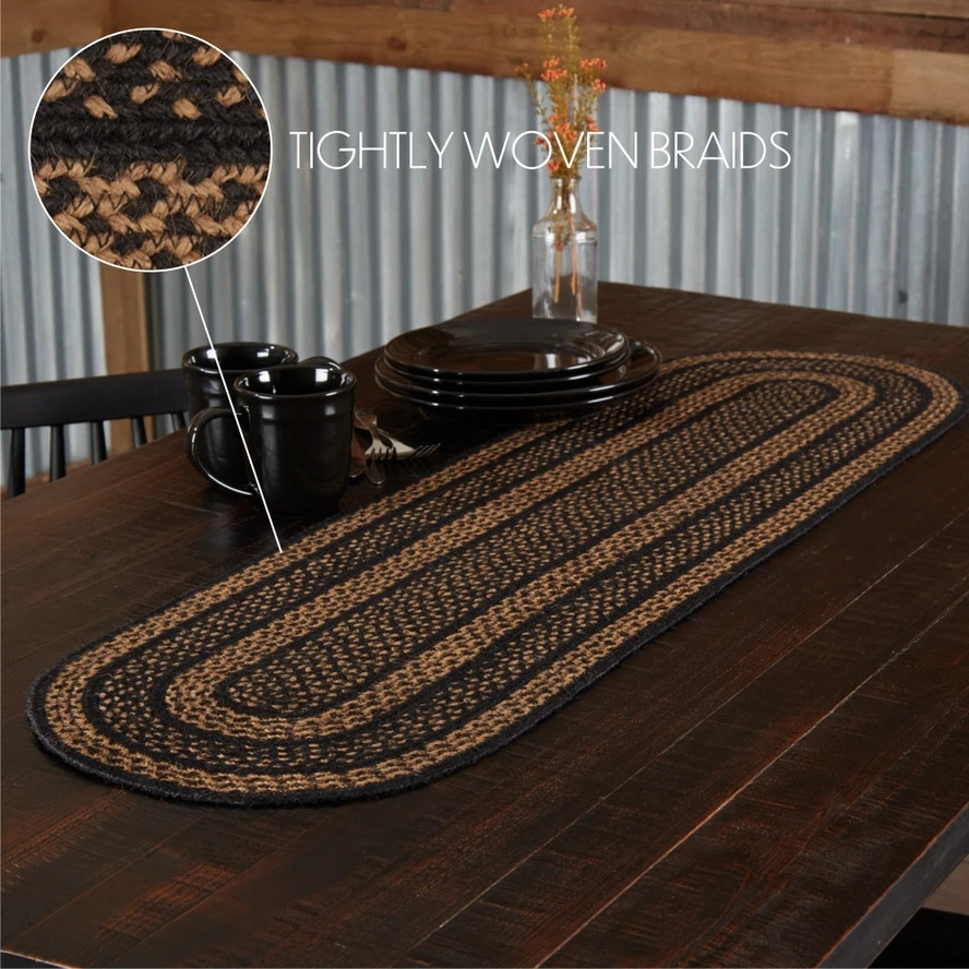 Table Runner Black & Tan Jute Primitive 13x48 Oval Striped Kitchen VHC Brands