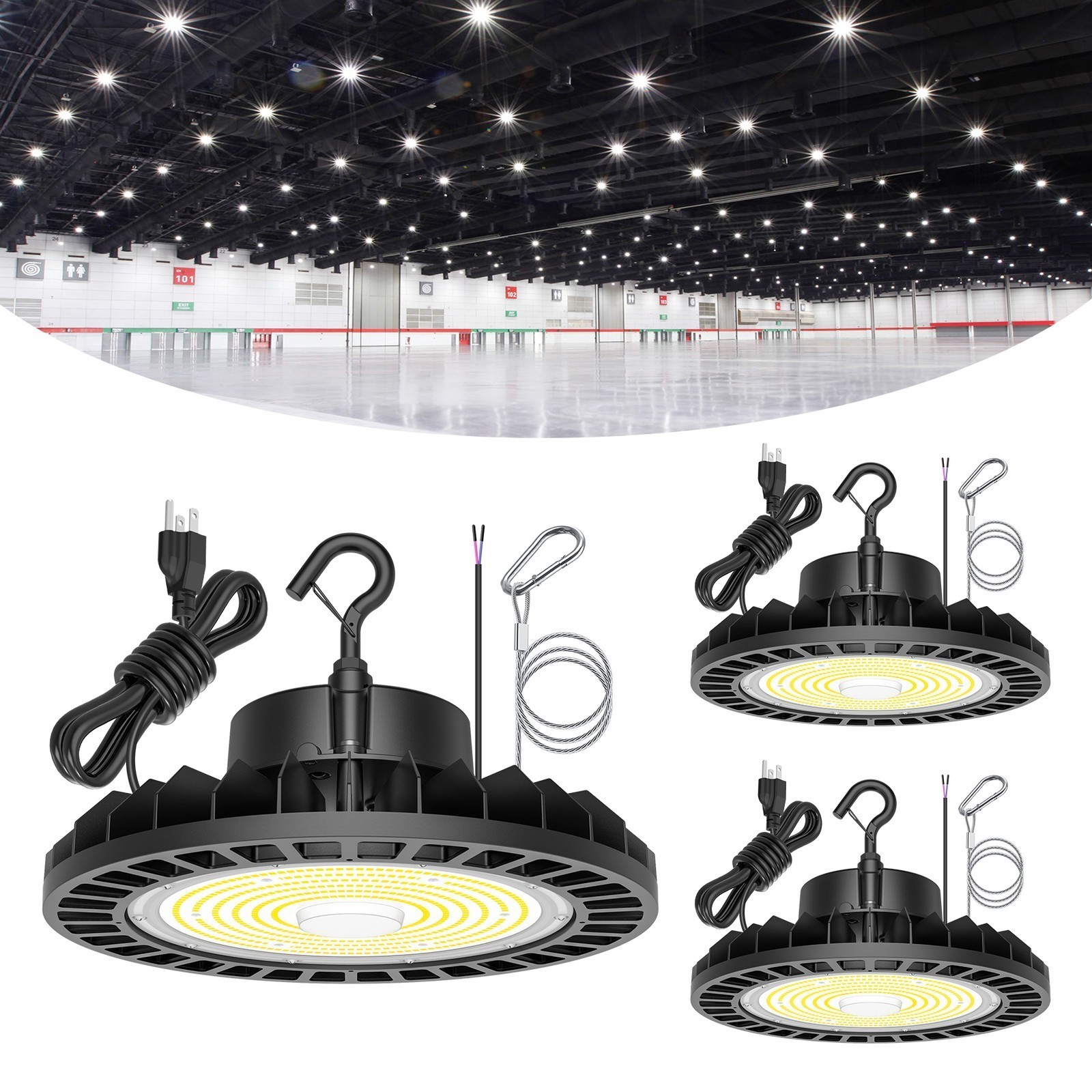 3Pack LED High Bay Light 240W 36000LM, Dimmable AC100-277V IP65 5000K DLCListed gallery