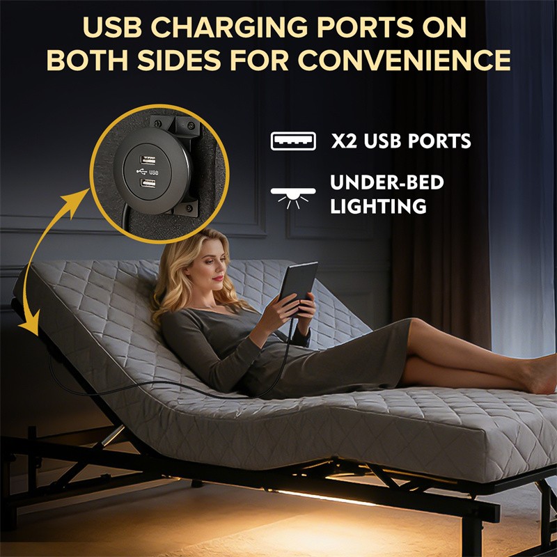 Queen Size Adjustable Bed Frame Bed Base with Head Foot Incline USB Ports Remote