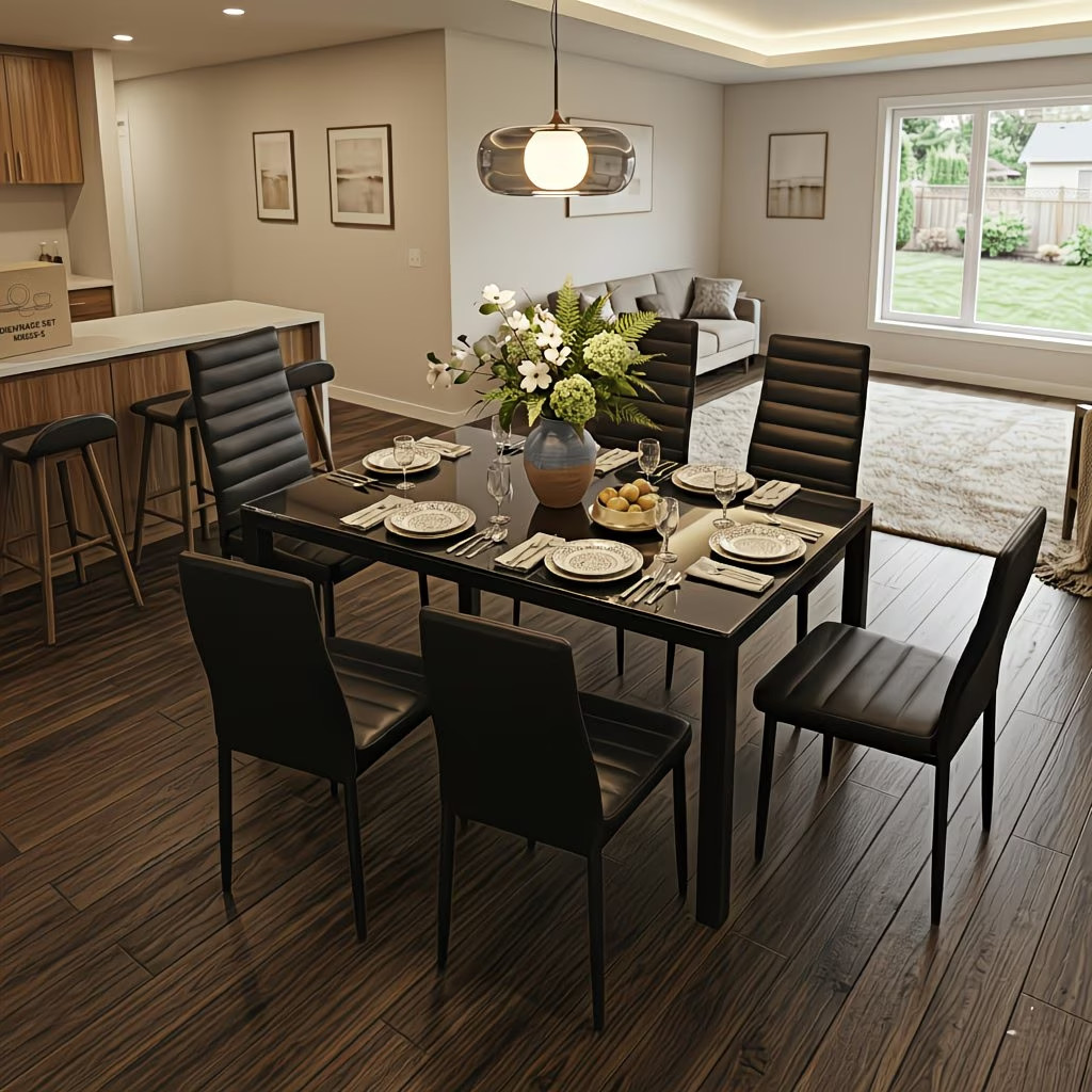 Modern 7pcs Glass Dining Table Set gallery