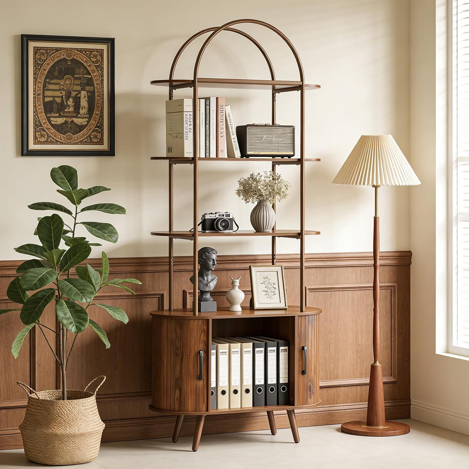 Tall Arched Bookshelf, 4-Tier Floor Standing Bookcase with Arched Design, Decora gallery