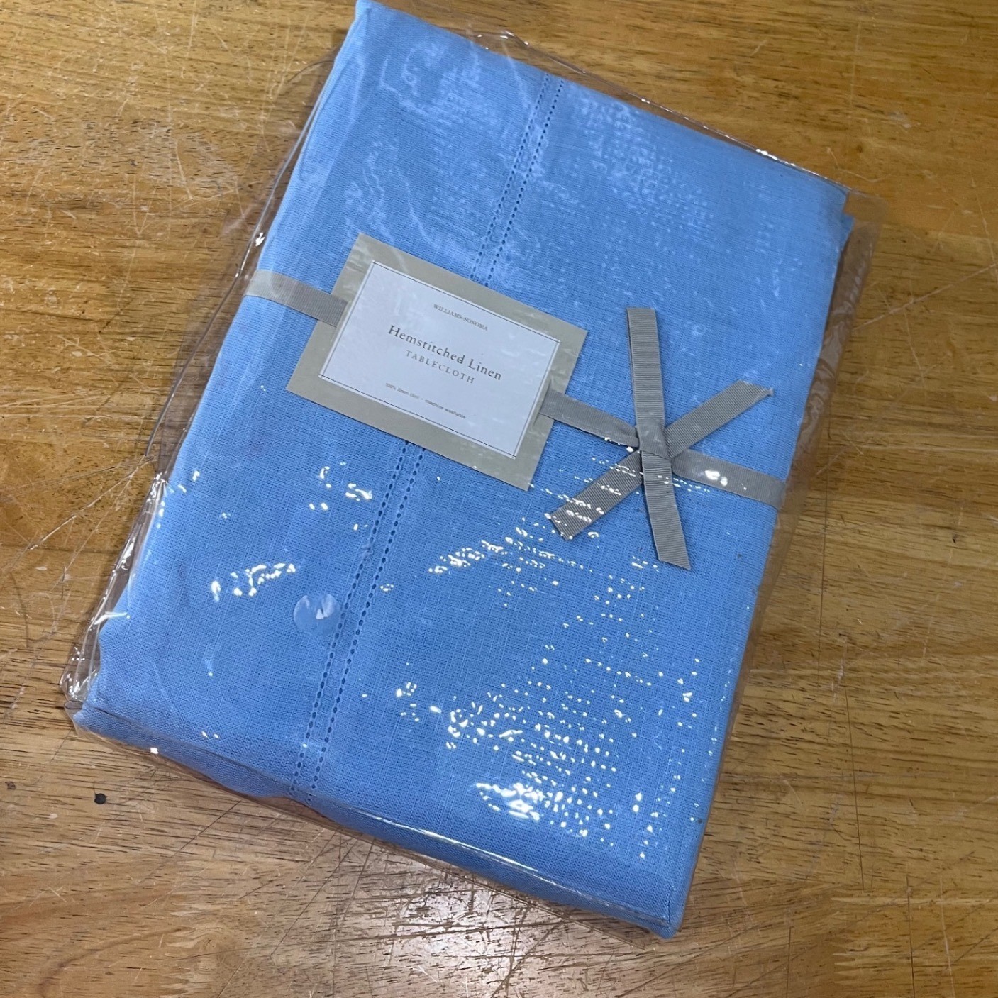 Williams-Sonoma Hemstitched Linen Tablecloth 70x126 Light Blue Vtg Style gallery