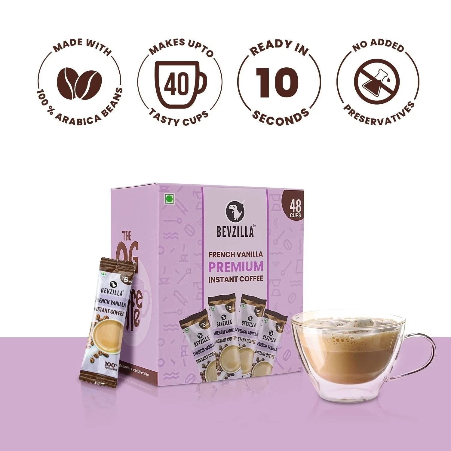 Bevzilla Instant Coffee Powder - 48 Sachets (French Vanilla)| Hot & Cold Coffee| gallery