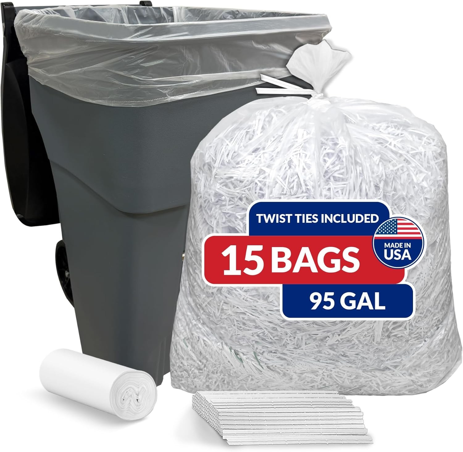 95 Gallon Trash Bags (15 Count) | Clear | Twist Ties Included | Extra Tough, gallery