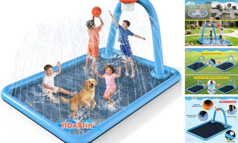 Splash Pad, 110x91'' 2-in-1 Large Sprinkler Mat with Square 110*91 in Blue gallery