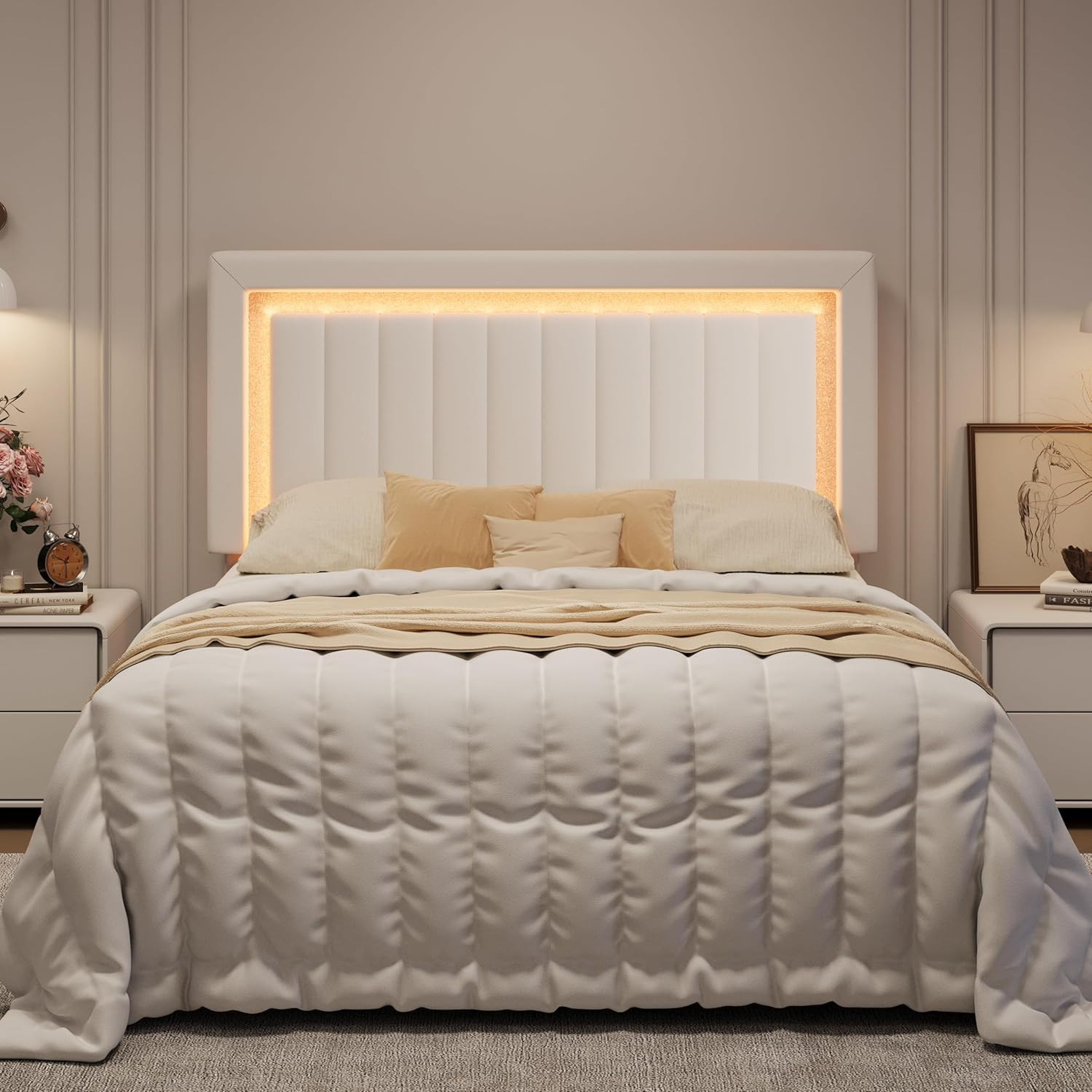 SHA CERLIN Full Size Velvet Bed Frame with LED Light, Adjustable Vertical Channe gallery