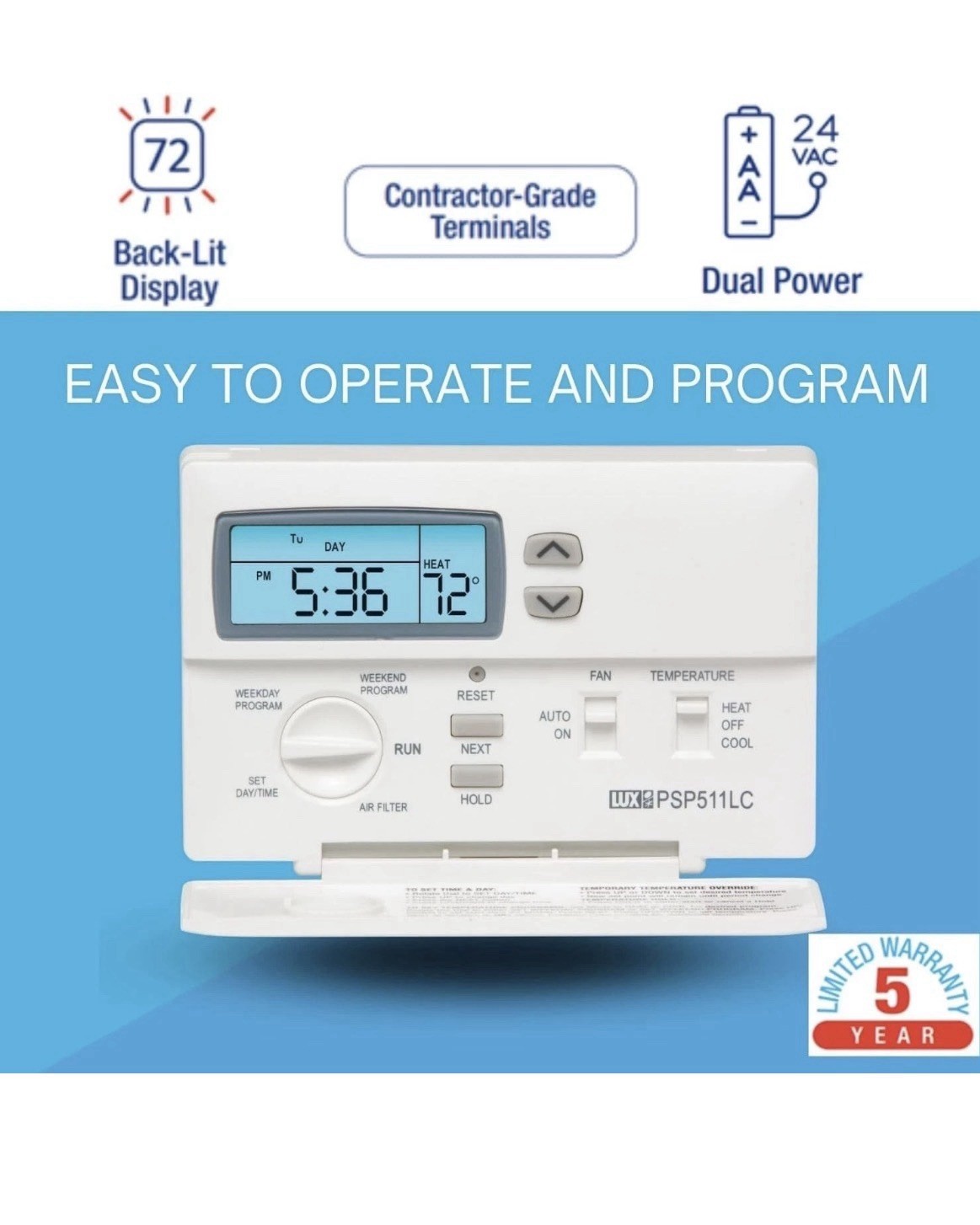 Lux Pro Programmable Thermostat for Home Use; 1 Heat, 1 Cool, Model White gallery