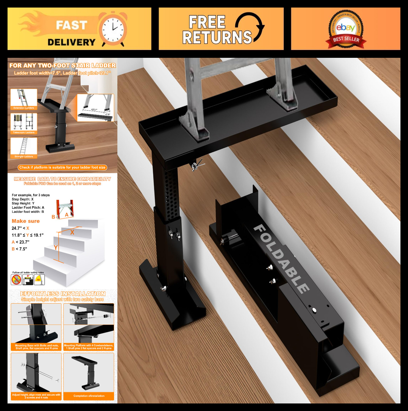 Foldable Heavy Duty Ladder Leveler - Adjustable Height 11.8-19.1", Non-Slip Mat, gallery
