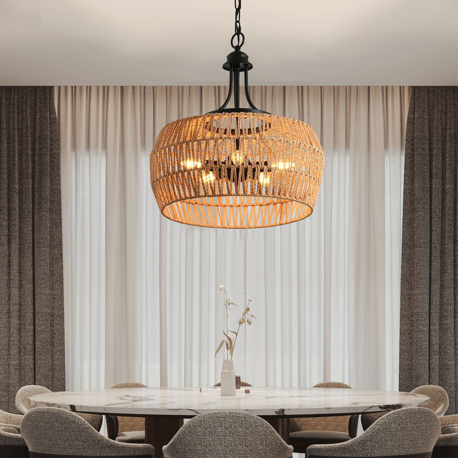 Boho Hemp Rope Pendant Light, Hand-Woven Jute 19" gallery