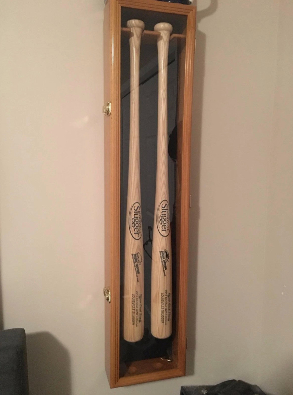 2 Baseball Bat Display Case Oak & Black Wood Ball Frame Wall Cabinet Shadow Box gallery