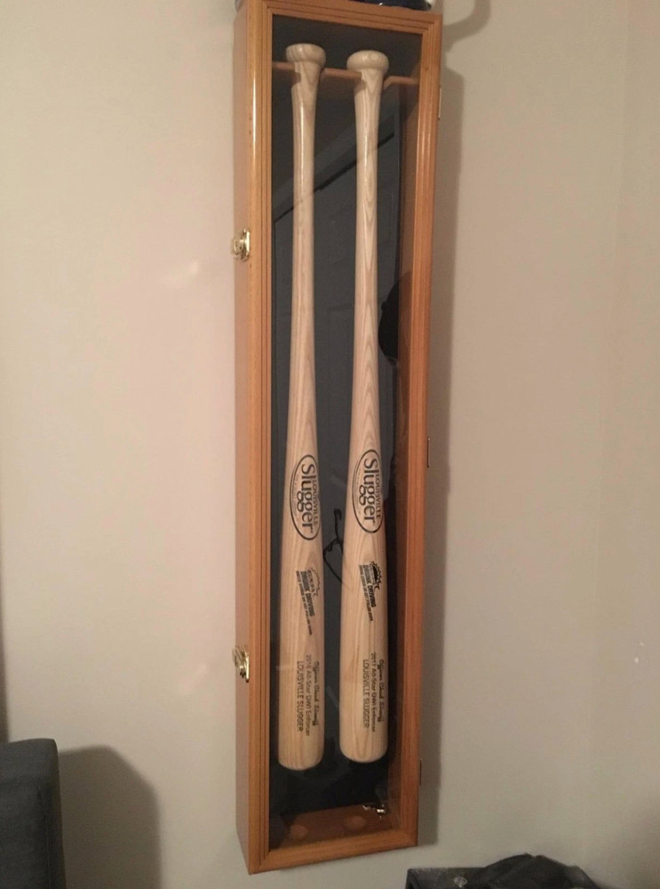 2 Baseball Bat Display Case Oak & Black Wood Ball Frame Wall Cabinet Shadow Box