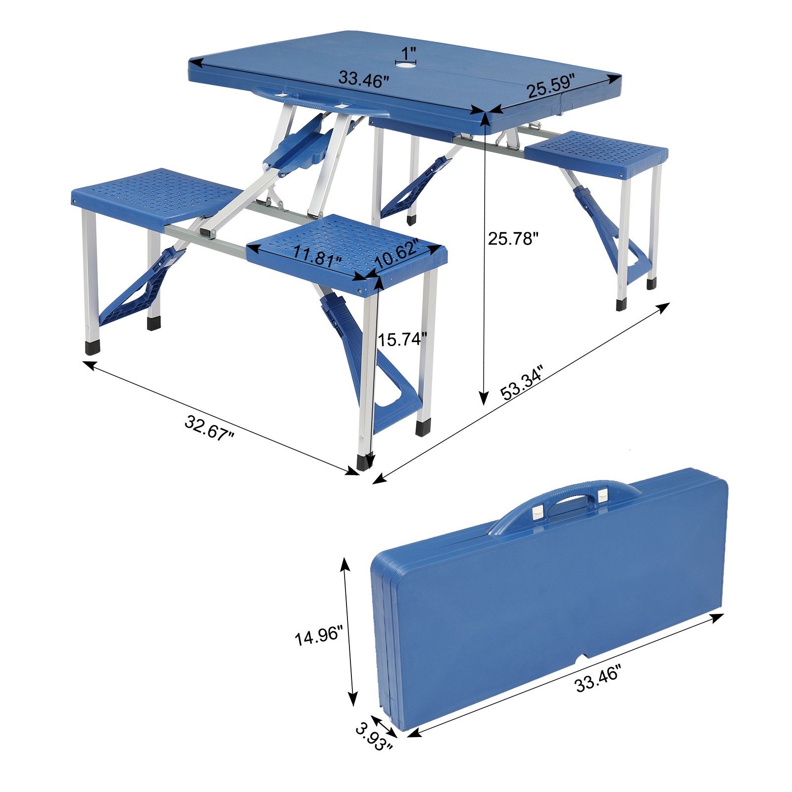 Blue Folding Camping Table with Stool, One‑Piece, Plastic PS, with Umbrella Hole gallery