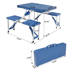 Blue Folding Camping Table with Stool, One‑Piece, Plastic PS, with Umbrella Hole