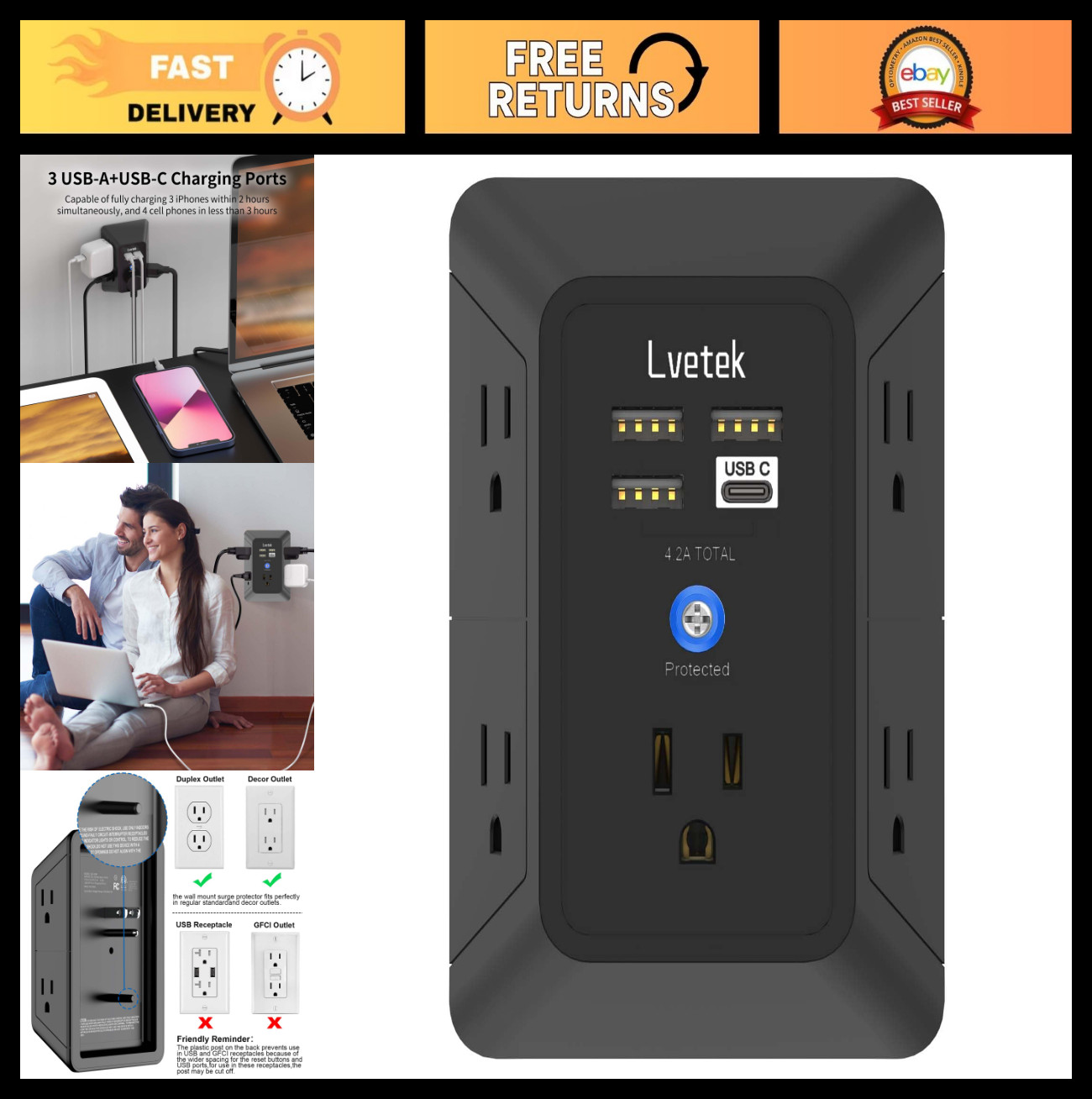 5-Outlet Surge Protector Power Strip with 4 USB Ports (1 USB-C) - 1680J, ETL Lis gallery