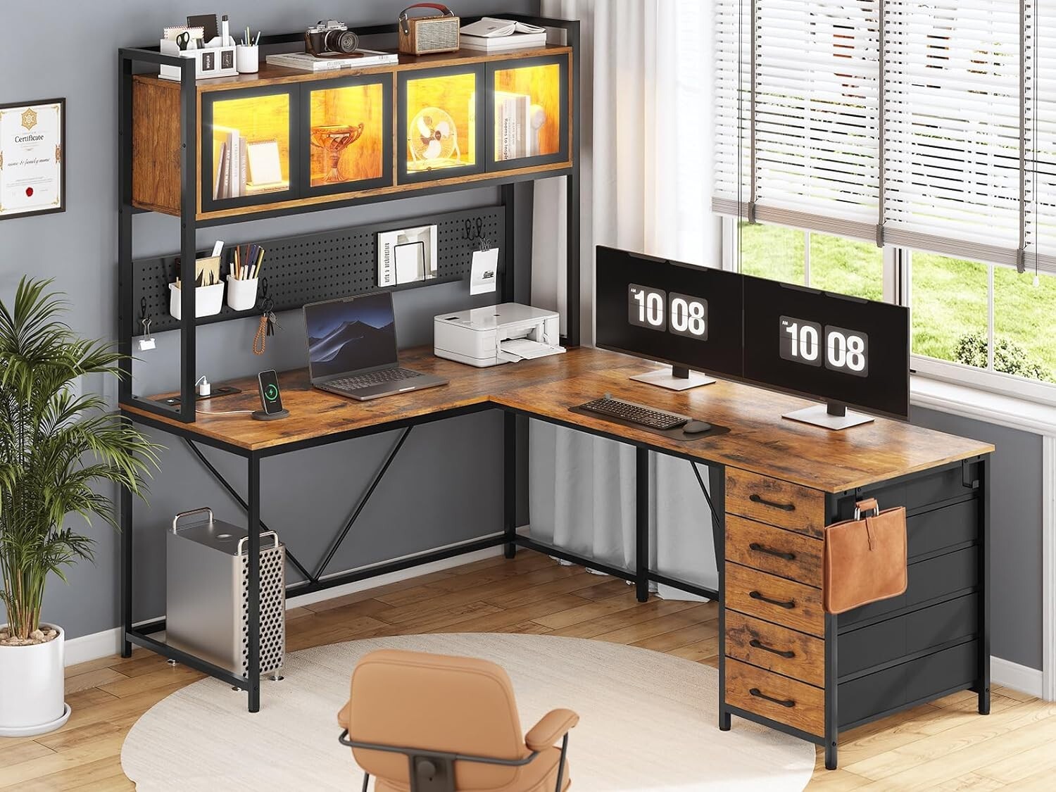L Shaped Computer Desk with Hutch &Storage Shelves Home Office Desk w/Led Lights gallery