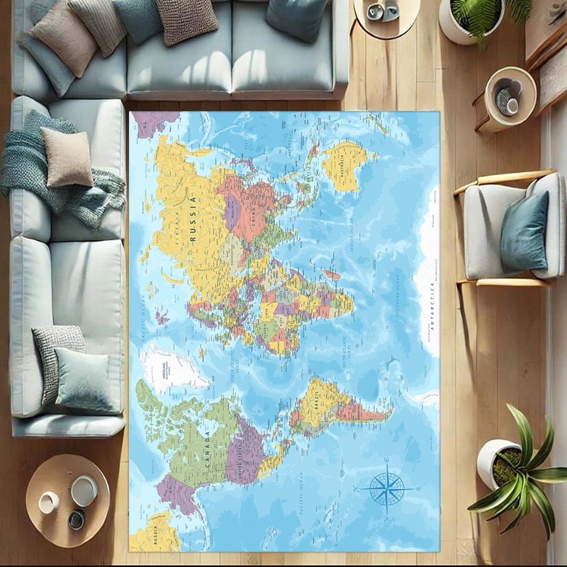 World Map Carpet, Educational Living Room Accent, Unique Global Perspective, Vib gallery