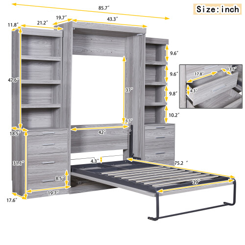 Murphy Wall Bed with Storage Drawer & Bookshelves Cabinet Bed Twin Full Size Bed gallery