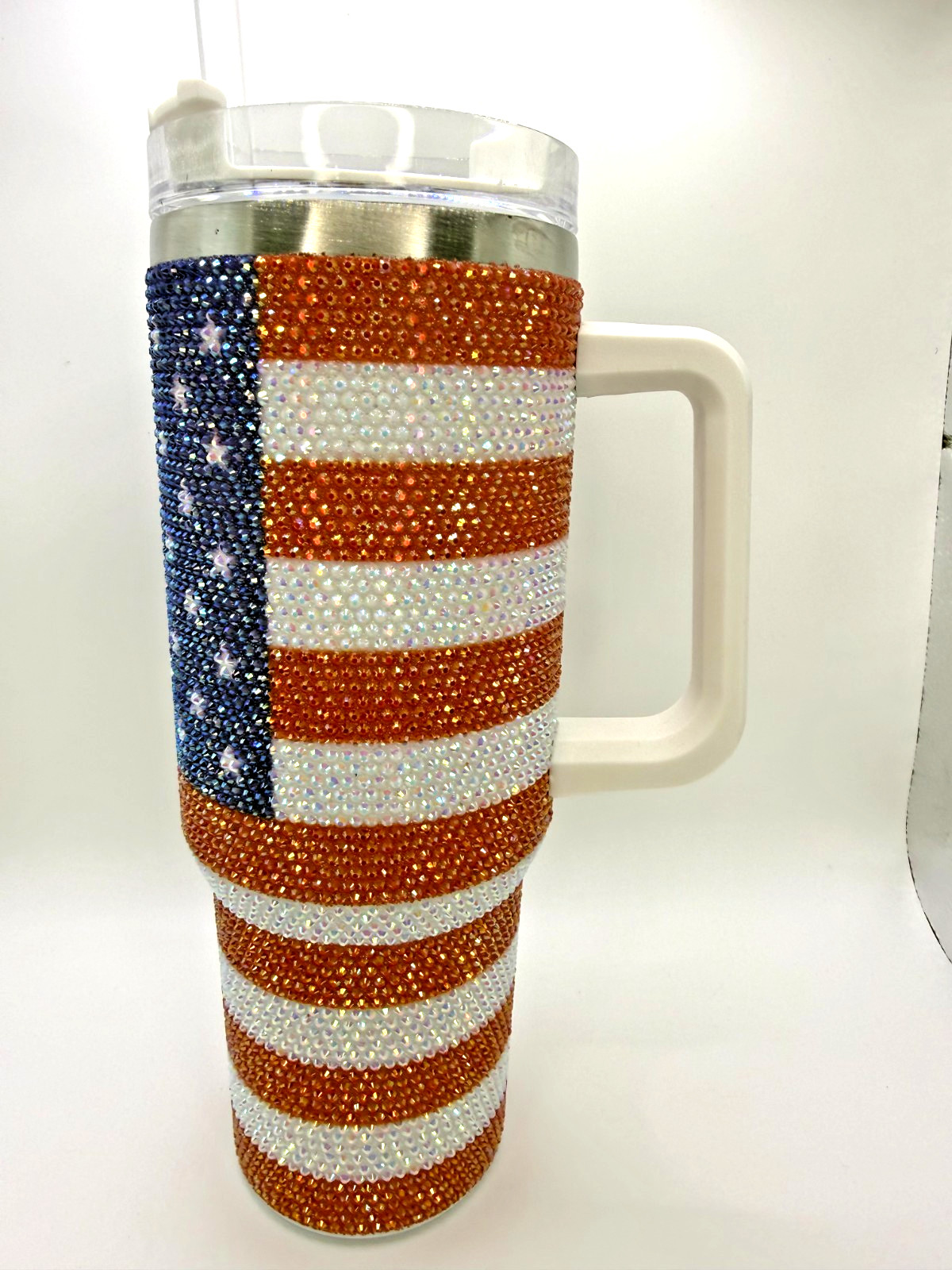 🇺🇸USA 🇺🇸 Rhinestone American Flag Tumbler With Handle & Lid 40 Oz Stainless gallery