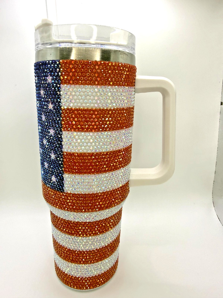 🇺🇸USA 🇺🇸 Rhinestone American Flag Tumbler With Handle & Lid 40 Oz Stainless