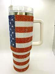 🇺🇸USA 🇺🇸 Rhinestone American Flag Tumbler With Handle & Lid 40 Oz Stainless