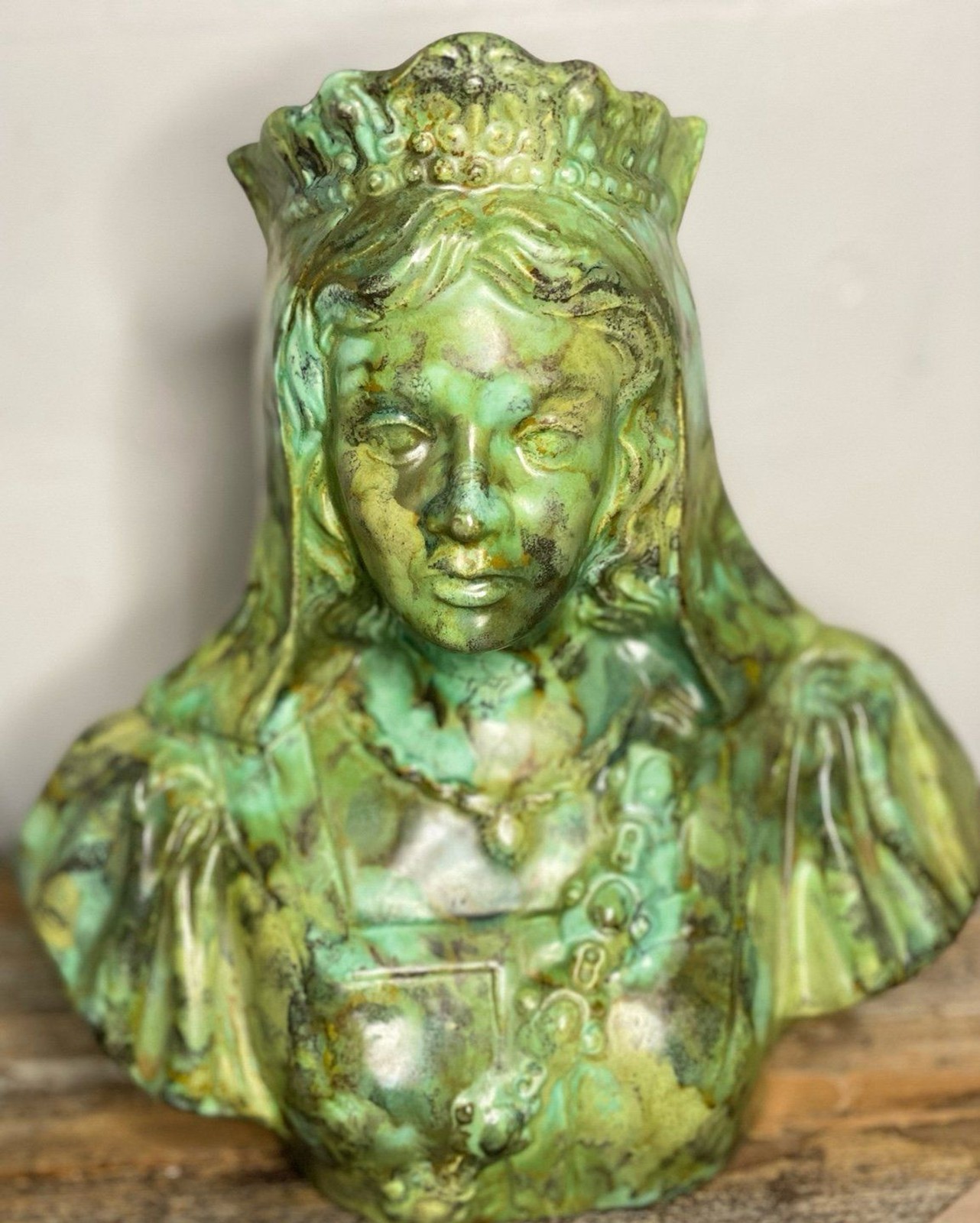 Vintage Renaissance Revival Queen Bust Sculpture w Stand Green Patina Decor gallery