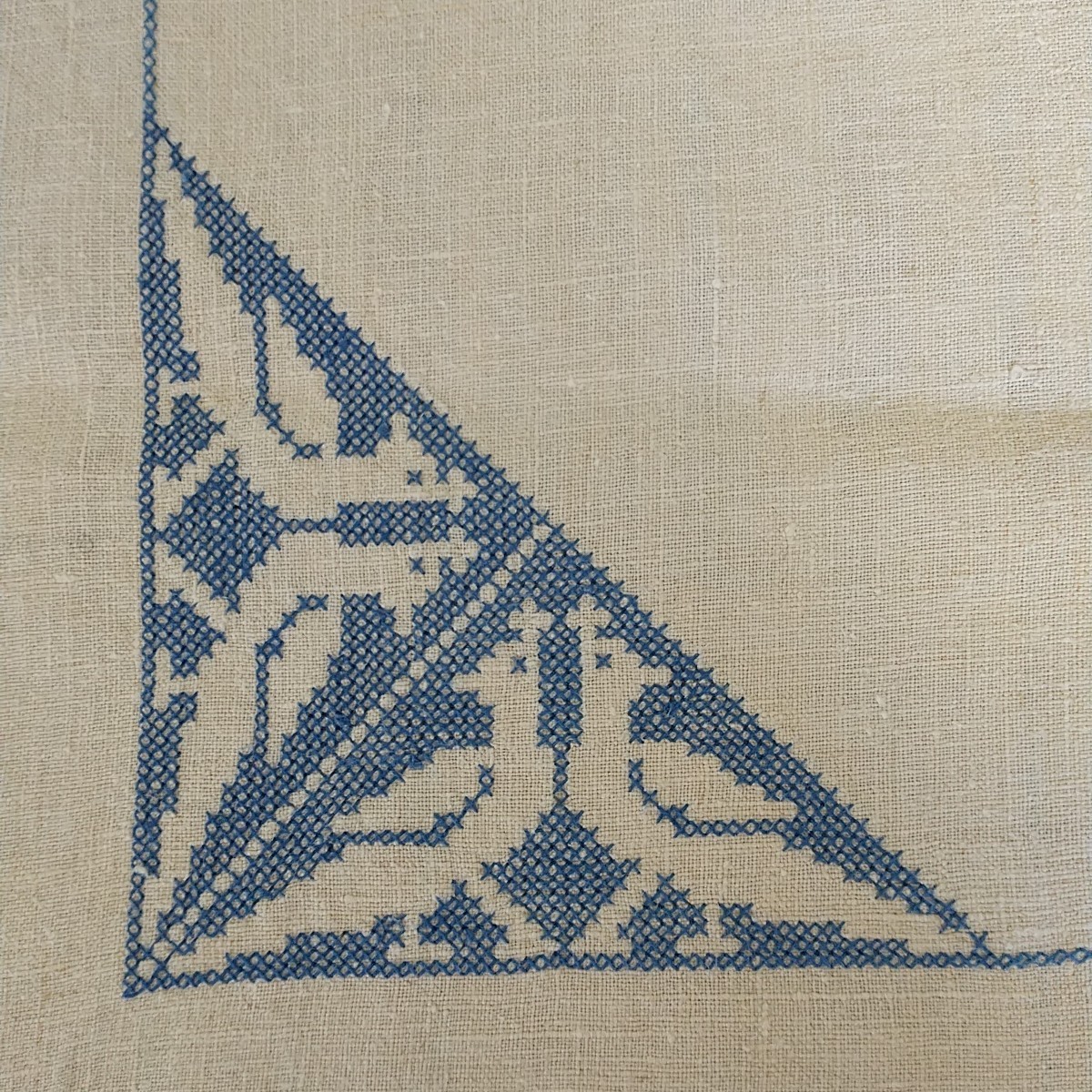 Vtg Tablecloth Cross Stitch Blue White Birds Scandinavian Large Rectangle 65x91" gallery
