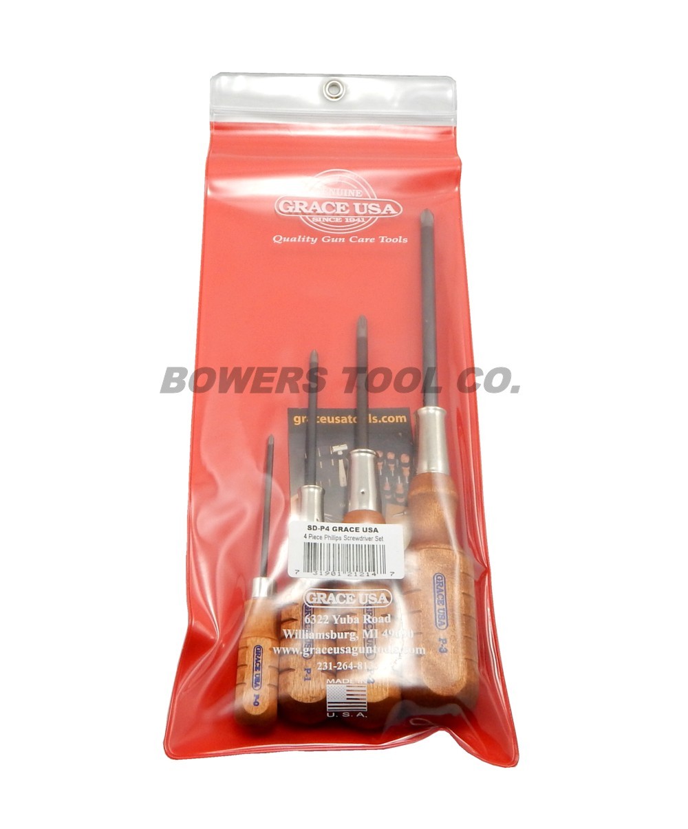 Grace 4pc Phillips Screwdriver Set P0 P1 P2 P3 Wood Handle Made in USA gallery