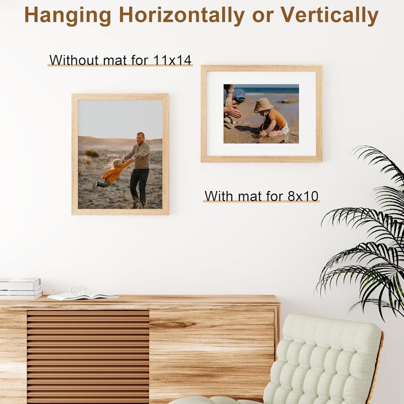11x14 Picture Frame, Solid Wood Frame with Plexiglass, Includes 8x10 Mat, Wall gallery