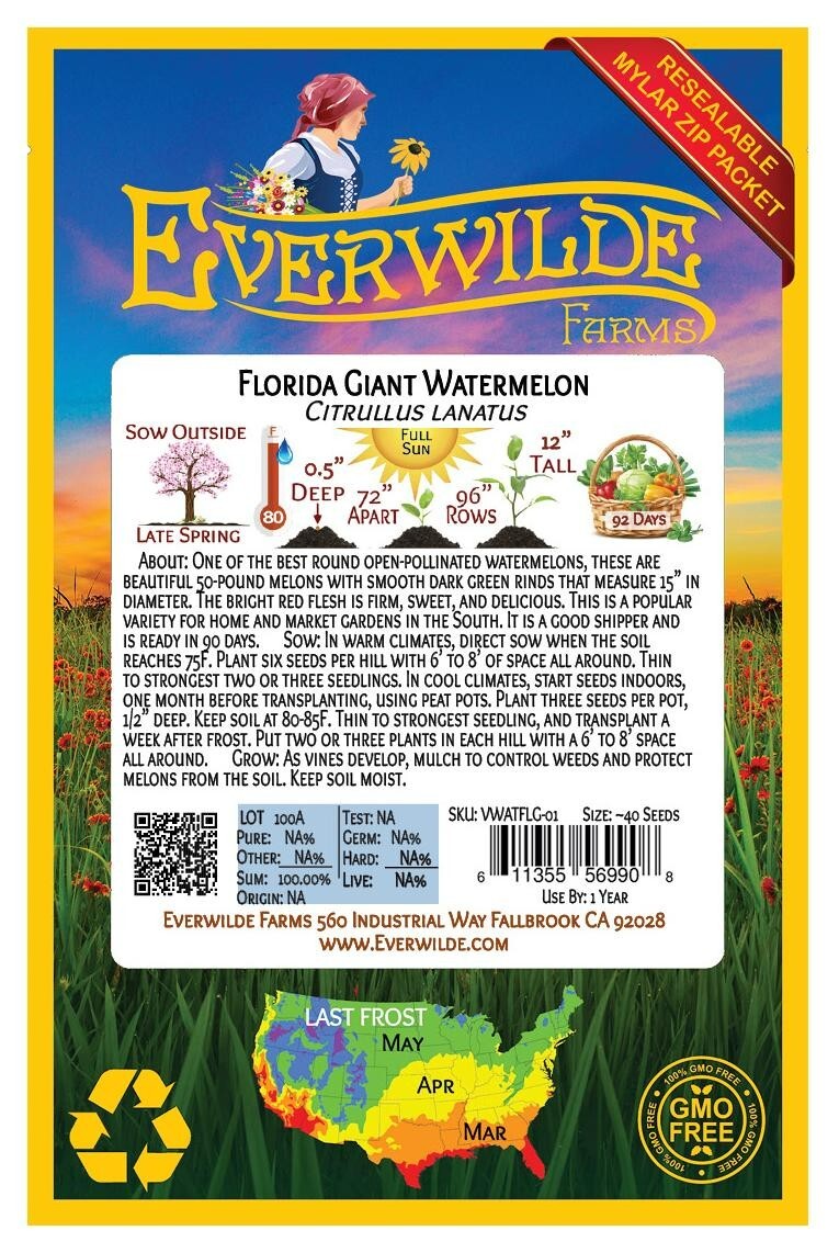 40 Florida Giant Watermelon Seeds - Everwilde Farms Mylar Seed Packet gallery