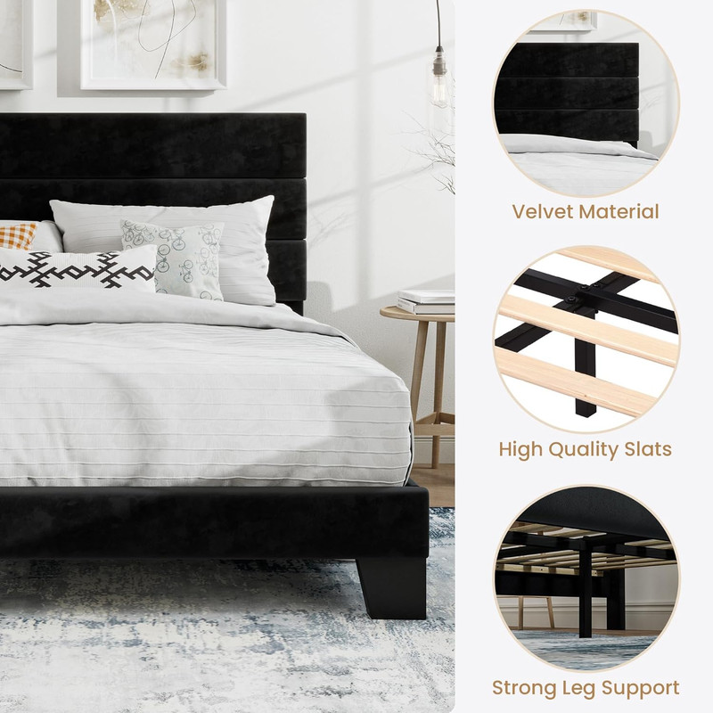 SHA CERLIN King Platform Bed Frame with Velvet Upholstered Headboard, Mattress F gallery