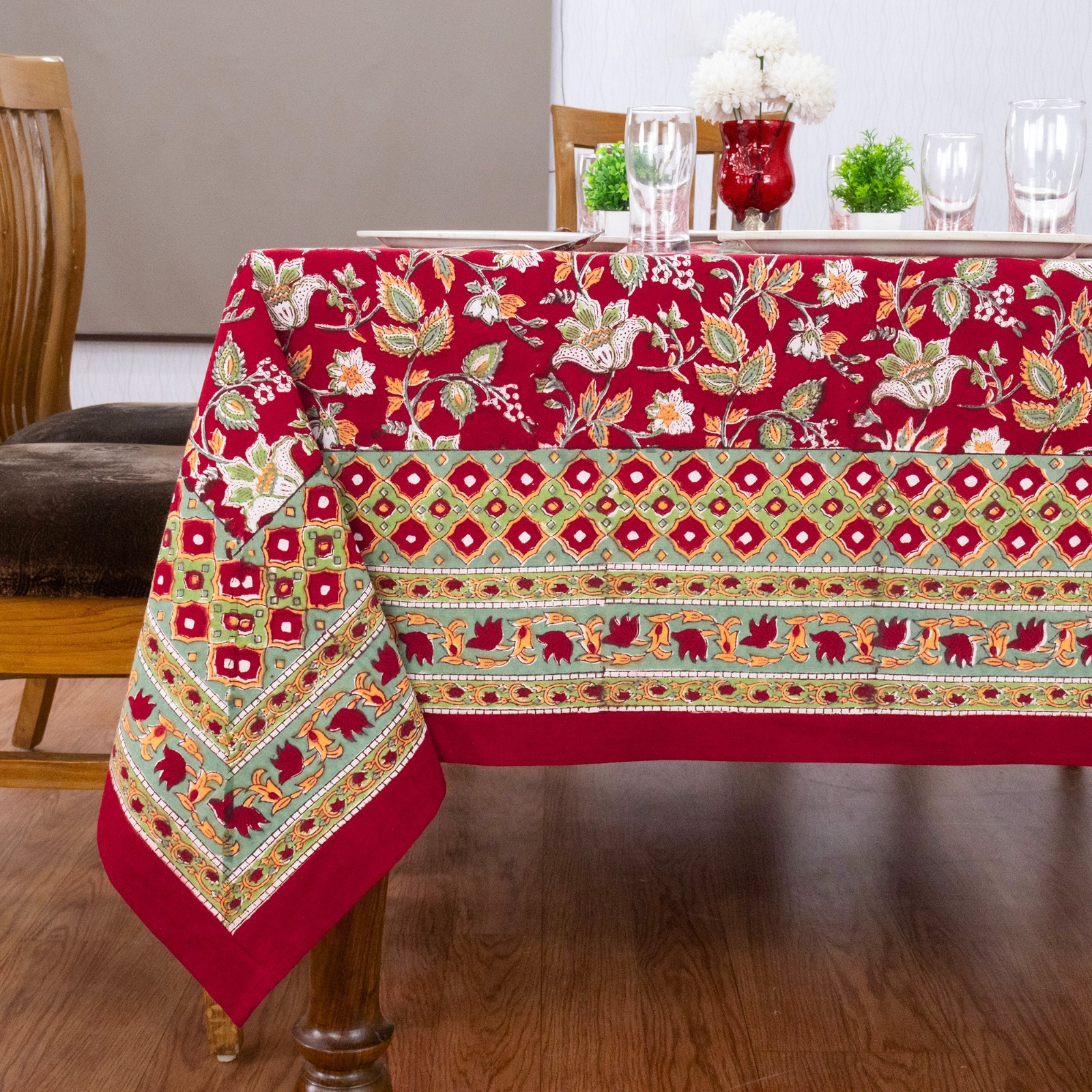 Floral Block Print Cotton Tablecloth Rectangle Sqaure Table Linen Gift for Birth gallery