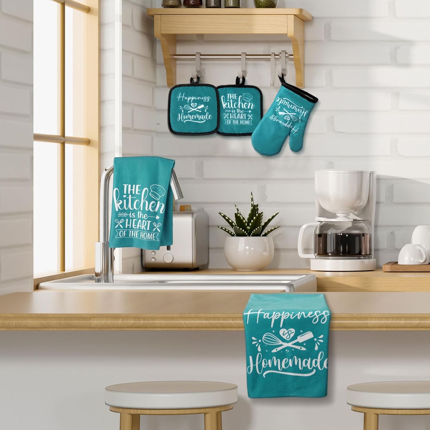 Sratte 6 Pcs Kitchen Decor Accessories Set Farmhouse Towels Pot Holders Teal gallery
