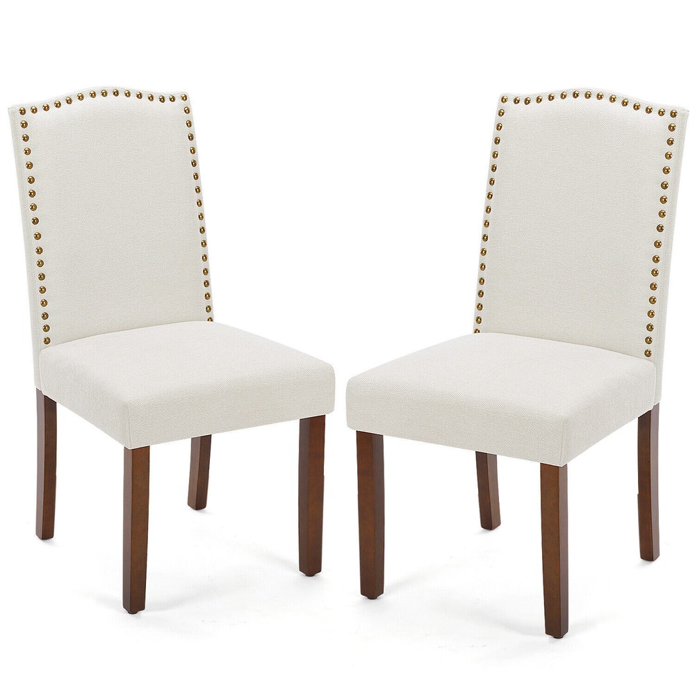 2Pcs Dining Chairs Upholstered Kitchen Chairs w/ Nailhead Trim and Wood Legs