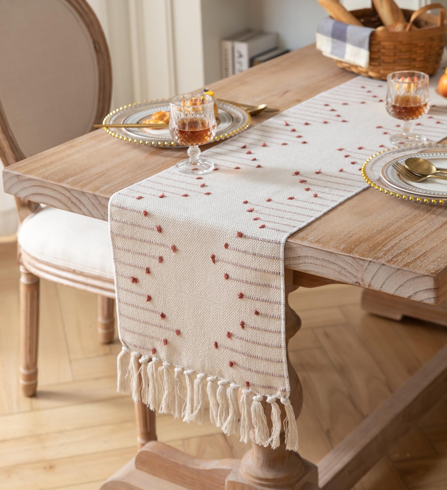 Boho Table Runner 13 x 48 Inch Long Natural Cotton Woven Runner with Tassels ... gallery