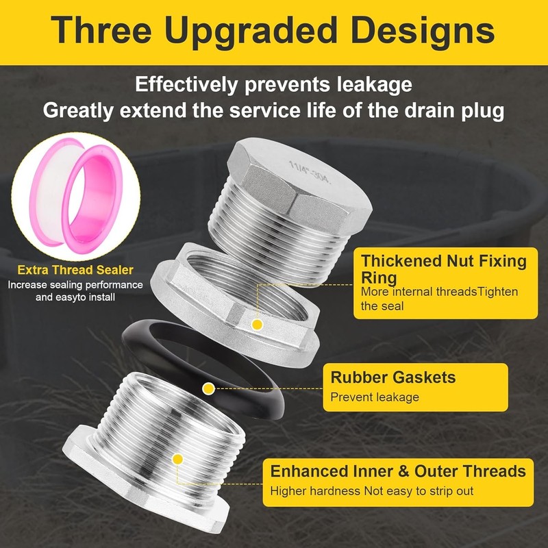304 Stainless Stock Tank Drain Plug Kit for rubbermaid Commercial 50 70 100 150 gallery